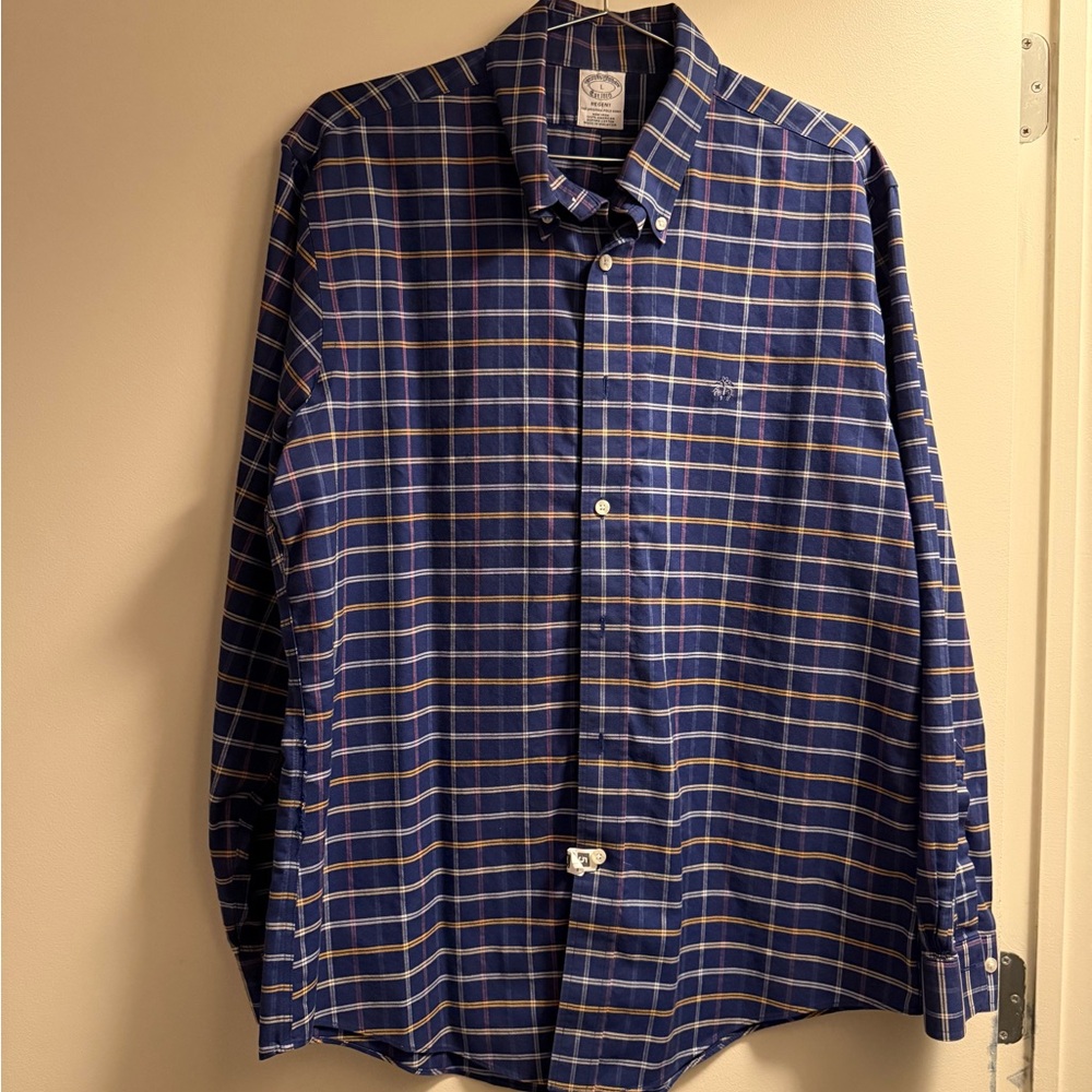 Brooks Brothers Navy and Yellow Plaid Button-Down Shirt